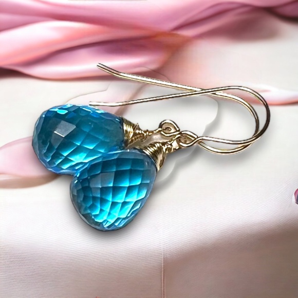 Swiss Blue Topaz Earrings Handcrafted 14k Gold Filled  , December Birthstone - Picture 3 of 8